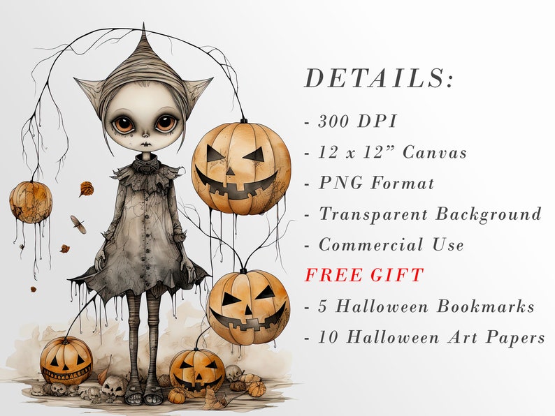 May include: A digital illustration of a spooky girl with long black hair and a black dress standing in front of a background of jack-o'-lantern pumpkins. The image is in a digital painting style and has a dark and whimsical feel.