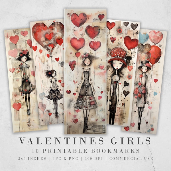 Valentines Girls Printable Bookmarks, Cute Girl Book Lovers Designs, Bookmark Sublimation Designs, Creative Gifts for readers Heart Bookmark