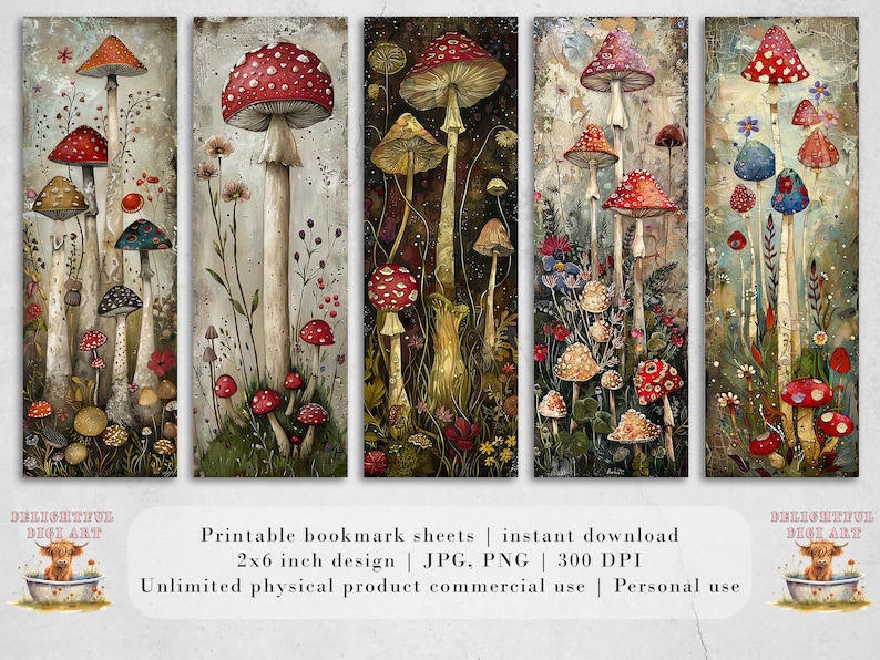 May include: Five printable bookmark designs featuring a whimsical illustration of red and white mushrooms in a forest setting. The bookmarks are 2 inches by 6 inches and are available for instant download in JPG and PNG formats at 300 DPI.