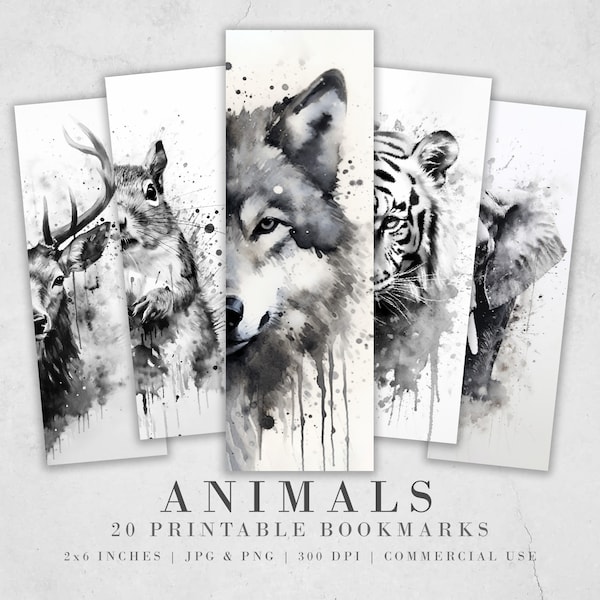 10 Black and White Animal Printable Bookmarks | Digital Download JPG Bookmark Sheets | PNG bookmark sublimation | Animals bookmark set