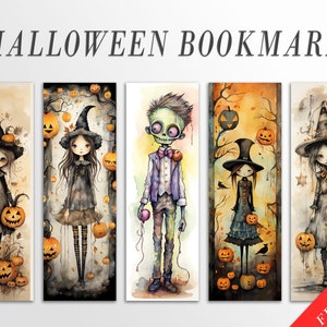 May include: Set of five Halloween-themed bookmarks featuring watercolor illustrations of spooky characters. The bookmarks feature a witch, a zombie, and three more witches holding pumpkins. The bookmarks are printed on high-quality cardstock and are perfect for adding a touch of Halloween fun to your reading.