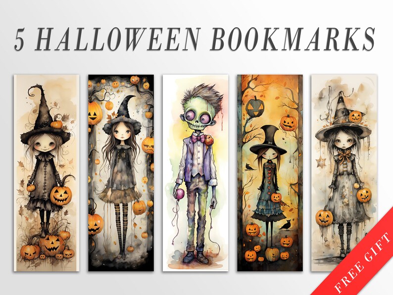 May include: Set of five Halloween-themed bookmarks featuring watercolor illustrations of spooky characters. The bookmarks feature a witch, a zombie, and three more witches holding pumpkins. The bookmarks are printed on high-quality cardstock and are perfect for adding a touch of Halloween fun to your reading.