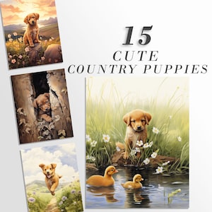 15 pages d’art imprimables de chiots de campagne mignons| Ensemble de papier JPG de téléchargement numérique| Paquet de papier numérique fantaisiste| Art amoureux des chiens| Graphiques de chien