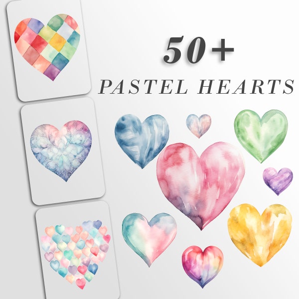 50+ Pastel Heart Clipart Files: Watercolor Hearts for Crafts and Decor | PNG Bundle | Digital Download | Sublimation files | Valentines day