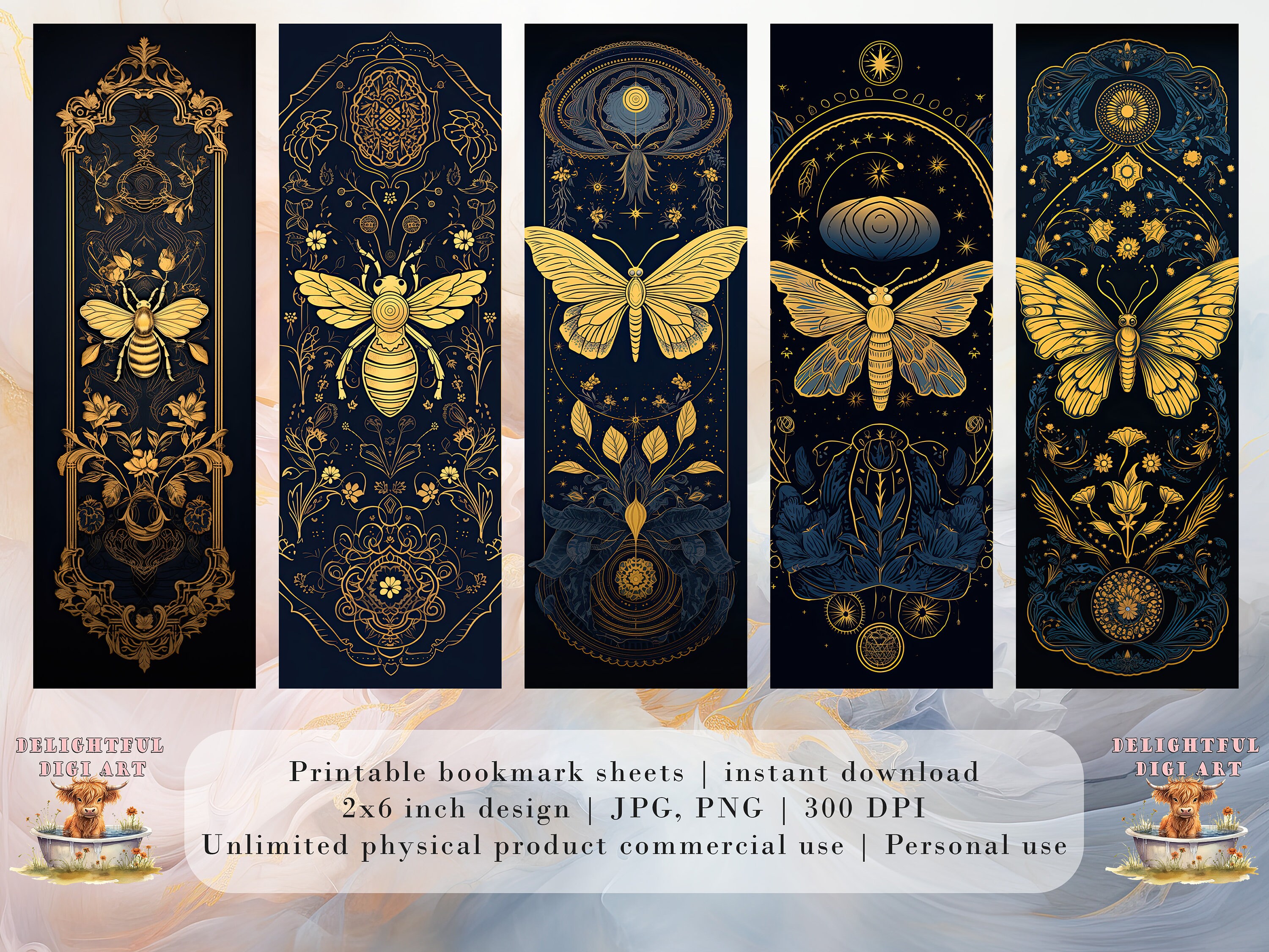 15 Gold Moth and Bees Printable Bookmarks | Digital Download JPG ...