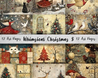 12 Whimsical Christmas Printable Art Pages| Digital Download JPG Paper Set| PNG sublimation| Whimsical Digital Paper | Retro Santa Claus