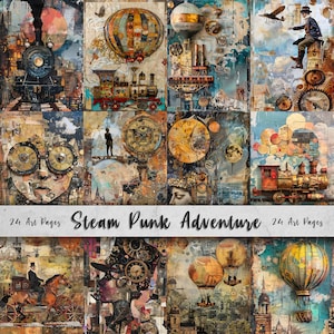 Páginas de arte para impressão da aventura Steam Punk | Conjunto de papel para download digital | Arte digital peculiar | Jornal Lixo| Álbum de recortes | Cartões DIY | Idéia de presente