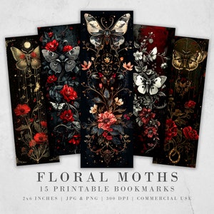 May include: Set of 15 printable bookmarks featuring floral designs with moths. The bookmarks are 2 inches by 6 inches and are available in JPG and PNG formats. They are 300 DPI and can be used for commercial purposes.