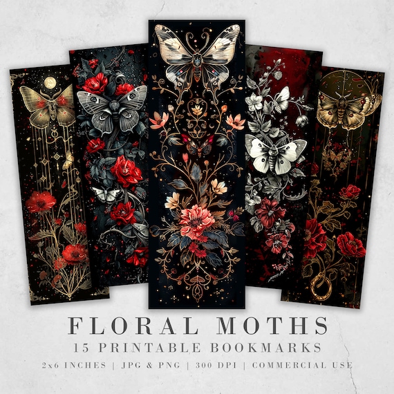 15 Floral Moths Printable Bookmarks| Digital Download JPEG Bookmark Sheets| PNG sublimation| DIY Craft Idea| Black and Red| Gift for Women