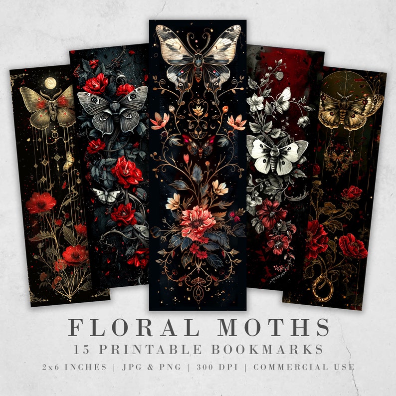 May include: Set of 15 printable bookmarks featuring floral designs with moths. The bookmarks are 2 inches by 6 inches and are available in JPG and PNG formats. They are 300 DPI and can be used for commercial purposes.