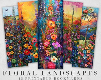15 Floral Landscapes Printable Bookmarks | Digital Download JPG Bookmark Set| PNG bookmark sublimation | Brightly colored bookmark set