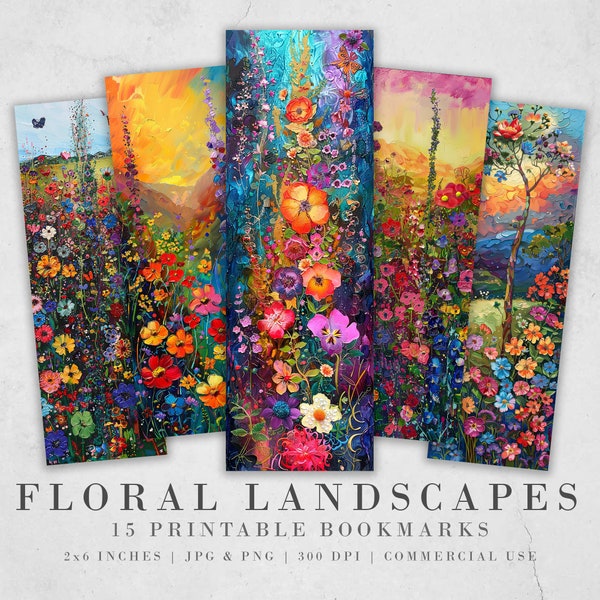 15 signets imprimables paysages floraux | Ensemble de signets JPG à téléchargement numérique | Marque-page en sublimation PNG | Ensemble de signets aux couleurs vives
