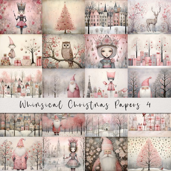 20 Whimsical Christmas Printable Art Pages| Digital Download JPG Paper Set| PNG sublimation| Whimsical Digital Paper | Pink Santa Claus