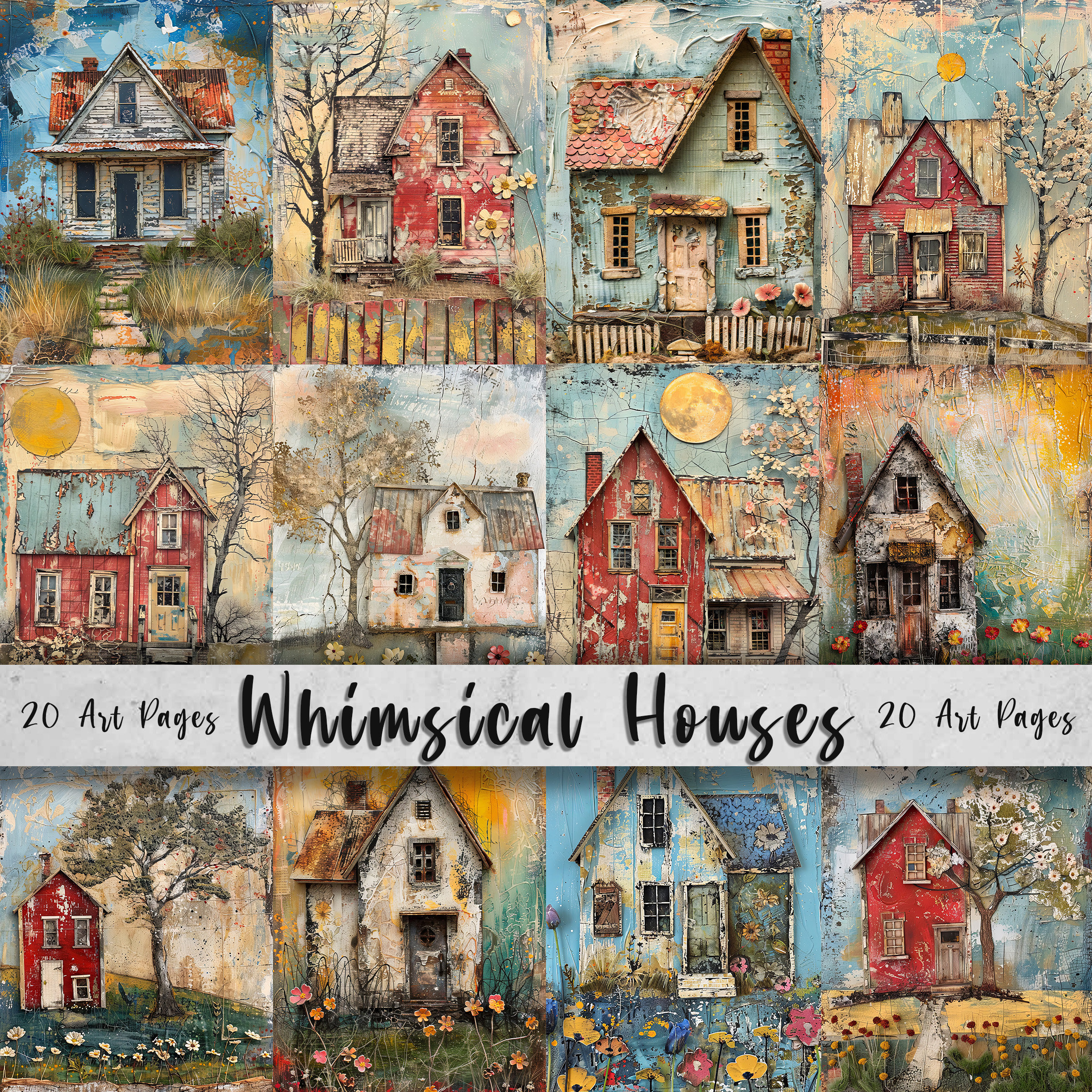 Whimsical Houses Printable Art Pages| Digital Download Paper Set