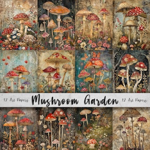 May include: A digital collage of 12 art papers featuring a whimsical mushroom garden with red, orange, and yellow mushrooms in a variety of shapes and sizes. The mushrooms are surrounded by flowers, leaves, and other natural elements. The text "Mushroom Garden" is displayed in the centre of the collage.