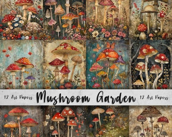 Mushroom Garden Printable Art Pages| Digital Download Paper Set| Quirky Digital Art| Junk Journal| Scrapbooking| DIY Card Making| Gift Idea
