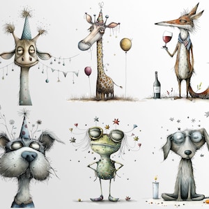 Whimsical Party Animals: Funny Birthday Graphics for Crafts and Decor | PNG Bundle | Sublimation files| Quirky Creatures Clipart Hilarious image 3