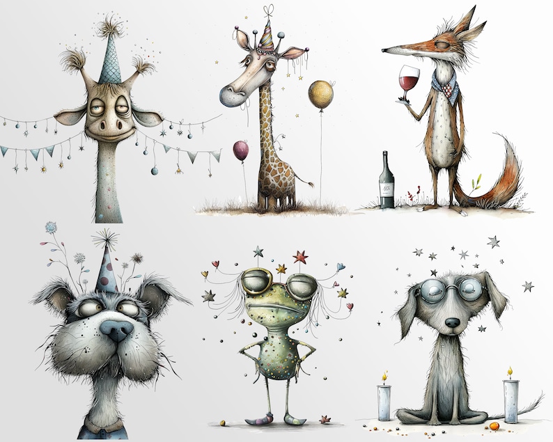 Whimsical Party Animals: Funny Birthday Graphics for Crafts and Decor | PNG Bundle | Sublimation files| Quirky Creatures Clipart Hilarious image 3