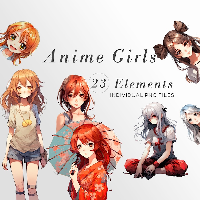 Op de afbeelding: Een digitale illustratie van 23 anime-meisjes met verschillende kapsels, kleding en accessoires. De tekst "Anime Girls 23 Elements INDIVIDUAL PNG FILES" wordt weergegeven op de afbeelding.