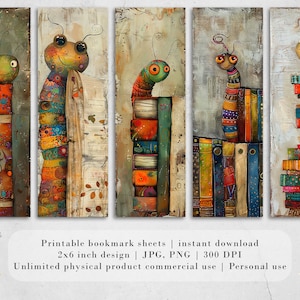 May include: Set of five printable bookmark designs featuring colorful, whimsical illustrations of bugs on stacks of books. Each bookmark is 2 inches by 6 inches and is available for instant download in JPG and PNG formats at 300 DPI.