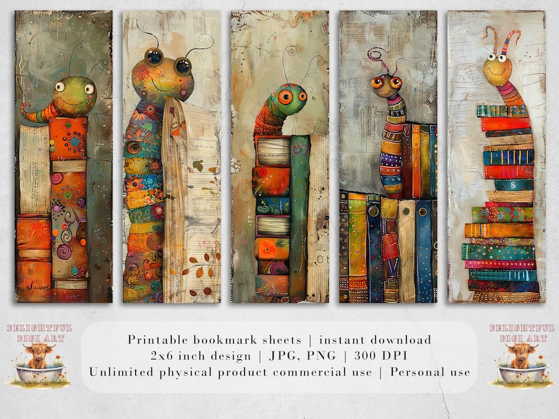 May include: Set of five printable bookmark designs featuring colorful, whimsical illustrations of bugs on stacks of books. Each bookmark is 2 inches by 6 inches and is available for instant download in JPG and PNG formats at 300 DPI.