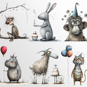 Whimsical Party Animals: Funny Birthday Graphics for Crafts and Decor | PNG Bundle | Sublimation files| Quirky Creatures Clipart Hilarious image 8