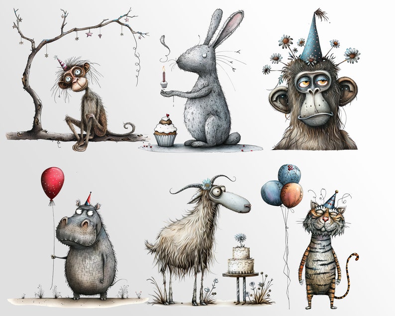 Whimsical Party Animals: Funny Birthday Graphics for Crafts and Decor | PNG Bundle | Sublimation files| Quirky Creatures Clipart Hilarious image 8