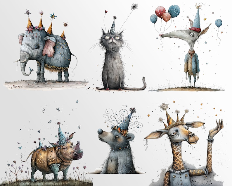 Whimsical Party Animals: Funny Birthday Graphics for Crafts and Decor | PNG Bundle | Sublimation files| Quirky Creatures Clipart Hilarious image 5
