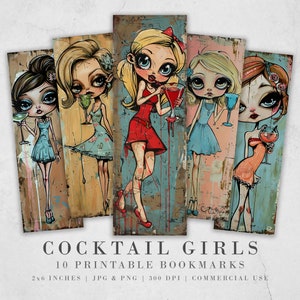 Segnalibri stampabili Cocktail Girls/ Fogli segnalibri multimediali misti eccentrici/ 10 sublimazione segnalibri PNG/ Segnalibri digitali Whimsical Summer Girl