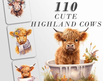 Clipart de acuarela de vaca de las tierras altas, paquete de PNG de vaca, arte de baby shower, animales bebés, SVG de vaca de las tierras altas, paquete de imágenes prediseñadas de vaca bebé, clipart de verano