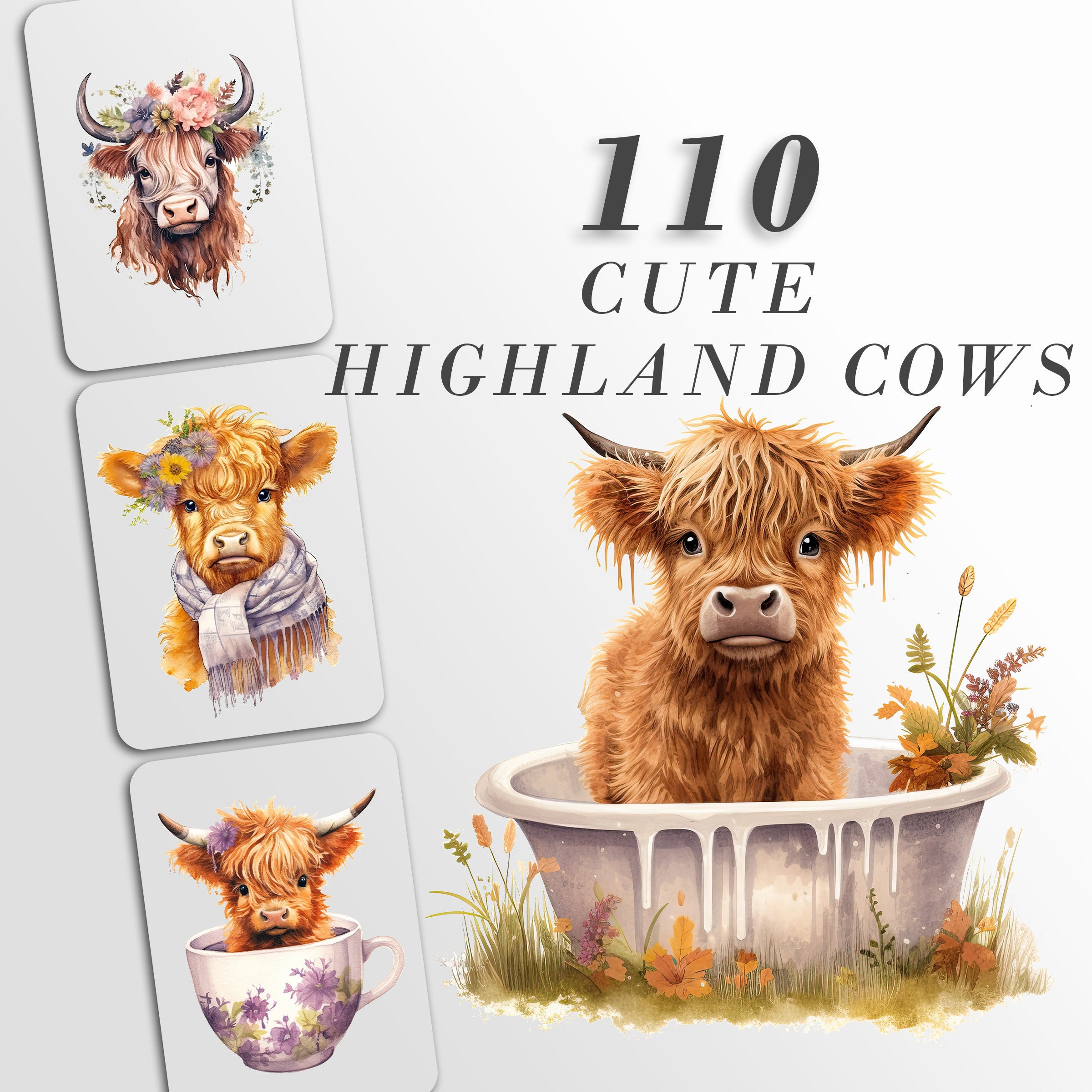 Highland Cow Watercolor Clipart, Cow PNG Bundle, Baby Shower Art, Baby ...