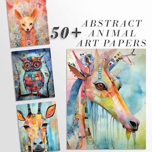 57 Pagine d'arte stampabili di animali astratti/ Download digitale Set di carta JPG/ pacchetto di sublimazione/ Pacchetto di carta digitale stravagante/ Diario spazzatura retrò