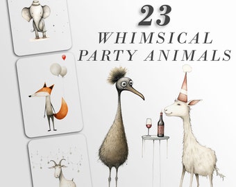 Cute Animal Party: grillige verjaardagsafbeeldingen voor ambachten en decor | PNG-bundel | Sublimatiebestanden| Eigenzinnige wezens