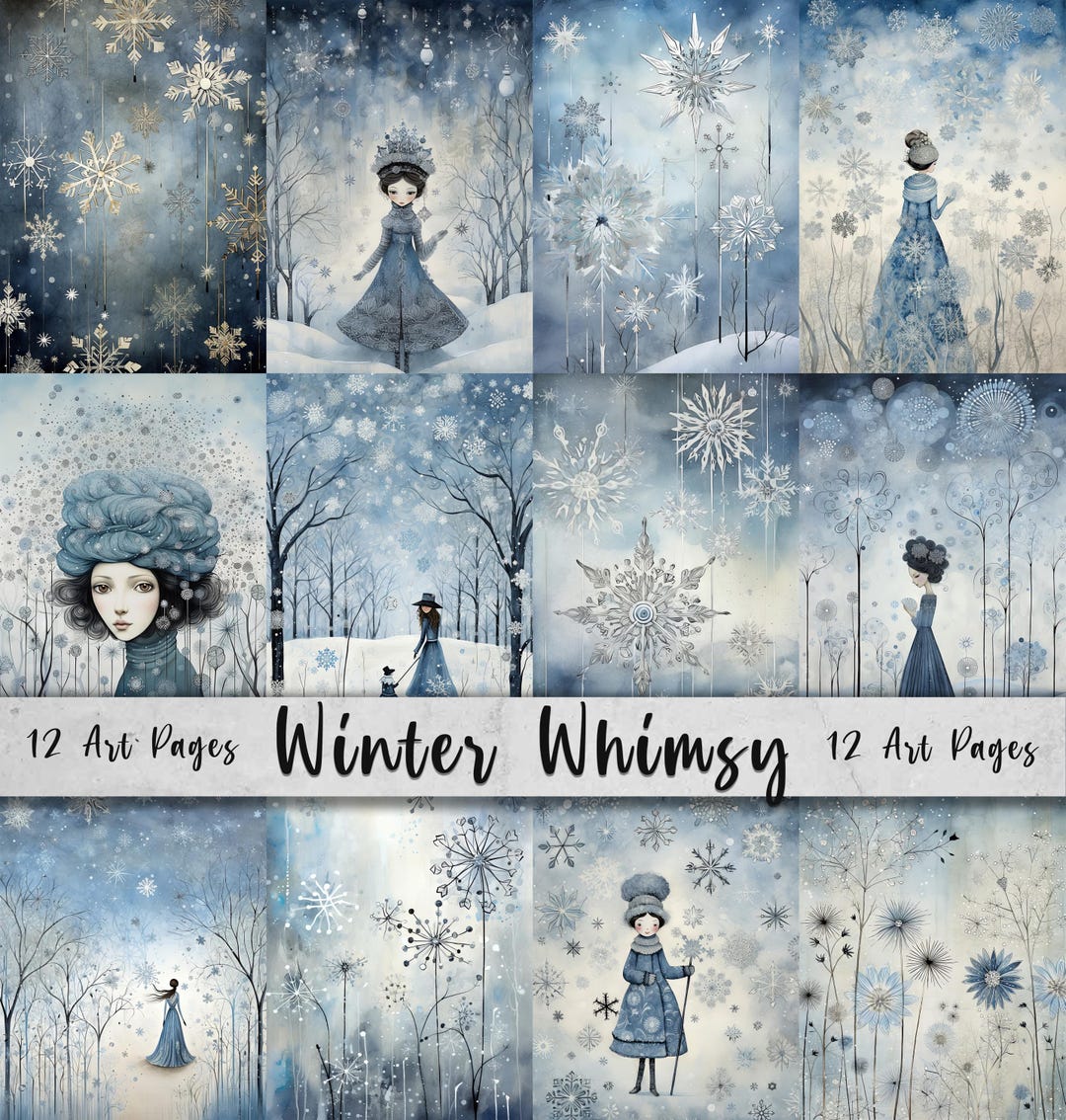 12 Winter Whimsy Printable Art Pages| Digital Download JPG Paper Set ...