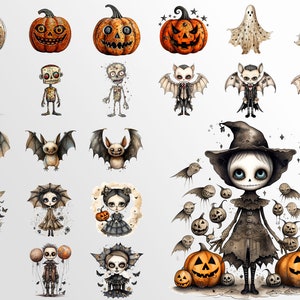 May include: A digital illustration of various Halloween characters, including pumpkins, bats, ghosts, zombies, and a witch. The characters are drawn in a cartoon style with a spooky and whimsical aesthetic.