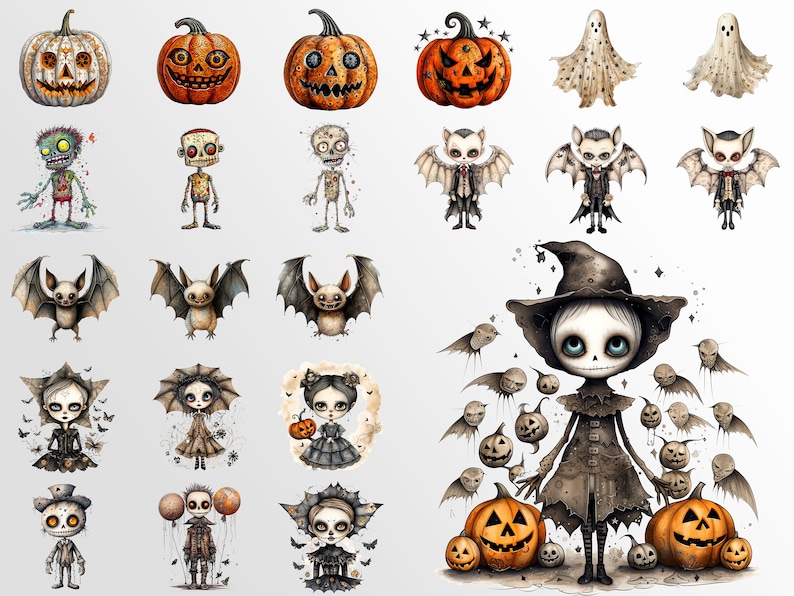May include: A digital illustration of various Halloween characters, including pumpkins, bats, ghosts, zombies, and a witch. The characters are drawn in a cartoon style with a spooky and whimsical aesthetic.