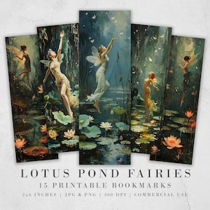 May include: Set of 15 printable bookmarks featuring fairies flying over a pond with lotus flowers. The bookmarks are 2 inches by 6 inches and are 300 DPI. They are available in JPG and PNG formats.