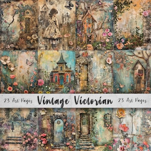 Pages d'art imprimables victoriennes vintage, ensemble de papier à téléchargement numérique, fleurs fantaisistes de techniques mixtes, papillons, journal indésirable, fabrication de cartes bricolage