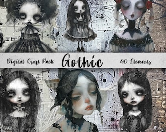 Gothic Girls - 27 PNG Elements, 13 Backgrounds, Grunge Gothic Girls & Papers, Gothic Clipart, Commercial Use, Junk Journal, Angel Wings