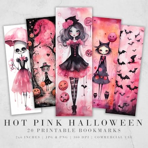20 Marcadores imprimibles de Halloween rosa intenso / Descarga digital JPG Conjunto de marcadores / Sublimación de marcadores PNG / Paquete de marcadores caprichosos / Arte lindo