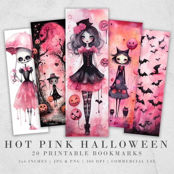 20 Hot Pink Halloween Printable Bookmarks | Digital Download JPG Bookmark Set| PNG bookmark sublimation| Whimsical bookmark Bundle| Cute Art