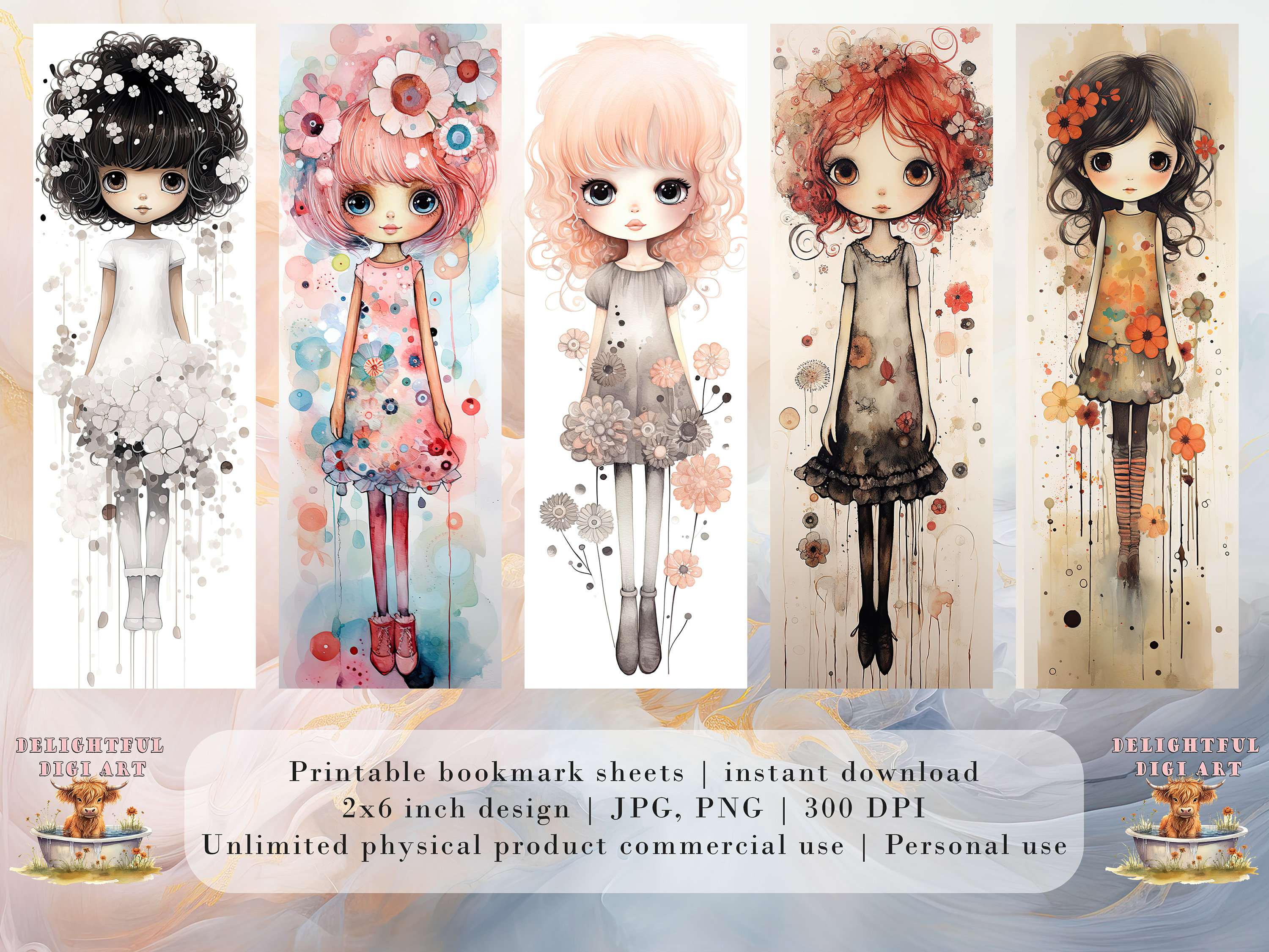 20 Flower Girls Watercolor Printable Bookmarks | Digital Download JPG ...