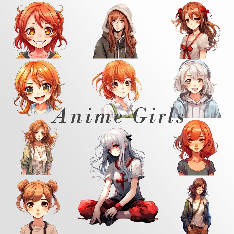 Op de afbeelding: Een digitale illustratie van tien animemeisjes met verschillende kapsels en outfits. De meisjes lachen allemaal en kijken naar de kijker. De tekst "Anime Girls" staat in zwarte letters in het midden van de afbeelding.