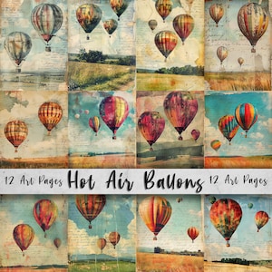 Hot Air Balloon Printable Art Pages, Digital Download Paper Set, Quirky Mixed Media Holiday, Junk Journal Art Card Making Gift Scrapbooking