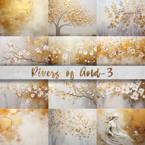 Rivers of Gold 3 - 12 Elegant White and Gold Papers/Backgounds (11x8.5"), CU, Wedding, Christmas, Junk Journal, Digital Art, DIY Card Making