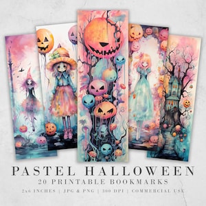 20 Cute Pastel Halloween Printable Bookmarks | Digital Download JPG Bookmark Set| PNG bookmark sublimation | Spooky bookmark set | Whimsical