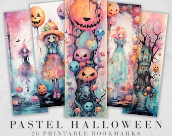 20 Cute Pastel Halloween Printable Bookmarks | Digital Download JPG Bookmark Set| PNG bookmark sublimation | Spooky bookmark set | Whimsical