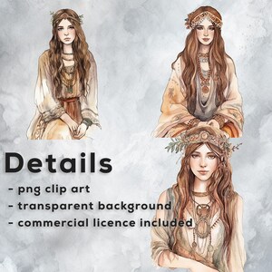 Puede incluir: Tres ilustraciones de acuarela de mujeres con cabello largo y casta&ntilde;o que visten ropa y joyas bohemias. Cada mujer lleva una corona de hojas y flores. El fondo es una acuarela de color gris y marr&oacute;n.