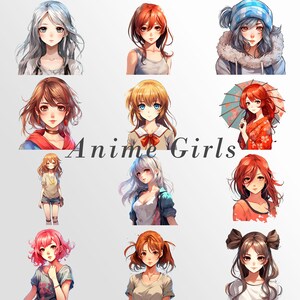 Op de afbeelding: Een collage van tien animemeisjes met verschillende kapsels en outfits. De meisjes lachen allemaal en kijken naar de camera. De tekst "Anime Girls" staat in grote letters in het midden van de afbeelding.