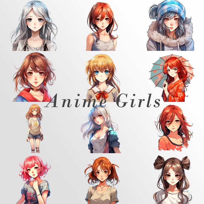 Op de afbeelding: Een collage van tien animemeisjes met verschillende kapsels en outfits. De meisjes lachen allemaal en kijken naar de camera. De tekst "Anime Girls" staat in grote letters in het midden van de afbeelding.